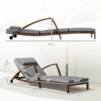Outsunny Set of 2 Wicker Chaise Lounge Chair Outdoor Patio Lounger with 5 Adjustable Back, Wheels, Cushion, and Armrests, Gray(m-3)