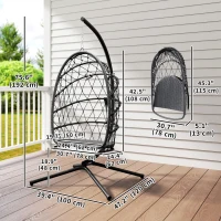 Outsunny Hanging Egg Chair with Stand, Foldable Wicker Rattan Swing Chair with Thick Cushion and Safety Rope, Grey(m-3)