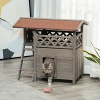 PawHut Wooden Cat House, 2-Floor Feral Cat Shelter, Kitten Condo Outdoor, Small Dog House with Balcony, Stairs, Asphalt Roof, Light Gray(m-12)
