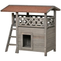 PawHut Wooden Cat House, 2-Floor Feral Cat Shelter, Kitten Condo Outdoor, Small Dog House with Balcony, Stairs, Asphalt Roof, Light Gray(m-21)