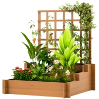 Outsunny Wooden Elevated Planter Box with Trellis for Climbing Plants, 3 Tier Raised Garden Bed for Garden, Outdoor, Brown(m-2)