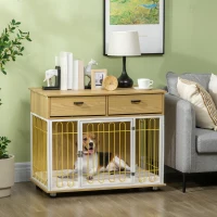 PawHut Dog Crate with Drawers, Soft Cushion, Lockable Door, for Small and Medium Dogs, Oak(m-13)