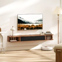 HOMCOM 55" Floating TV Stand for TVs up to 60 Inch, Wall Mounted Media Console with Flip Drawer and 2 Open Shelves, Walnut(m-1)