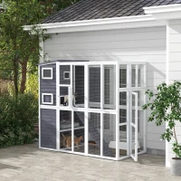 PawHut Wooden Outdoor Catio with Platforms, Asphalt Roof, Ramps, Light Gray(m-2)
