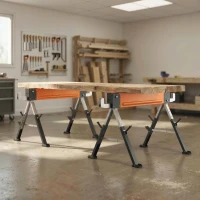 HOMCOM Saw Horses 2 Pack, Folding Heavy Duty Sawhorses with Adjustable Height and 2x6 Bracket, Carry Handle, Orange(m-1)