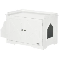 PawHut Wide & Large Cat Litter Box Furniture Hidden Farmhouse Table with Magnetic Doors, Big Covered Kitty Litter Box Enclosure Cabinet with Shelves, Pet Furniture Cat Gift Side Table, White(m-11)
