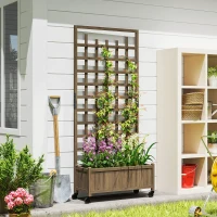 Outsunny Wooden Planter with Trellis, Raised Garden Bed with Wheels, Drainage Holes for Climbing Plants, Flowers, Brown(m-1)