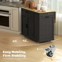 HOMCOM Kitchen Island Cart, Portable Kitchen Island Table with Charging Station, Rubber Wood Drop Leaf, Trash Storage, Black(m-7)