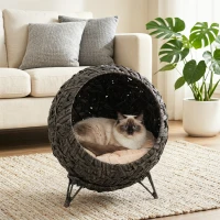 PawHut Rattan Cat Bed, Elevated Handwoven Cat Basket Bed with Soft Cushion and Metal Base(m-9)