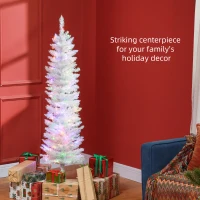 HOMCOM 5' Prelit Christmas Tree, Pencil Artificial Christmas Tree with Colorful Surface Branches, Colorful LED Lights, White(m-4)