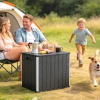 Outsunny 30 Gallon Storage Box, Outdoor Side Table with Umbrella Holder, Black(m-1)