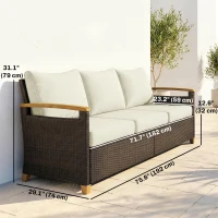 Outsunny 3 Seater Outdoor Couch Sofa, PE Wicker Patio Furniture Couch, Wide Seat, 4" Cushions, Wood-Effect Armrests, Cream White(m-3)