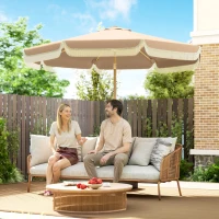 Outsunny 9 ft Patio Umbrella with Push Button Tilt and Crank, Fringed Outdoor Market Table Umbrella Parasol, Khaki(m-1)