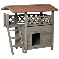 PawHut Wooden Cat House, 2-Floor Feral Cat Shelter, Kitten Condo Outdoor, Small Dog House with Balcony, Stairs, Asphalt Roof, Light Gray(m-11)