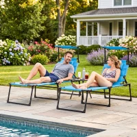 Outsunny 2 Pcs Outdoor Lounge Chair, 4 Position Adjustable Backrest, Folding, Cushioned w/ Sun Shade Roof & Pillow, Blue(m-8)