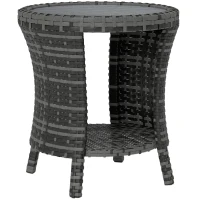 Outsunny 18" Wicker Outdoor Coffee Table, PE Rattan Patio Side Table with 2-Tier Storage, Composite Wood Top, Grey(m-9)
