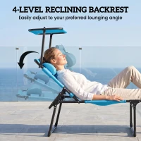 Outsunny 2 Pcs Outdoor Lounge Chair, 4 Position Adjustable Backrest, Folding, Cushioned w/ Sun Shade Roof & Pillow, Blue(m-5)