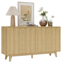 HOMCOM Fluted Sideboard Buffet Cabinet, 55" Coffee Bar Cabinet with 4 Doors, 2 Adjustable Shelves, 5 Wood Legs, Nature Wood(m-9)