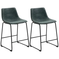 HOMCOM Counter Height Bar Stools Set of 2, Vintage PU Leather Bar Chairs, Kitchen Stool with Footrest for Home Bar Green(m-11)