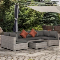 Outsunny 4-Piece Patio Furniture Sets Outdoor Wicker Conversation Set PE Rattan Sectional sofa set with Tempered Glass Coffee Table and Cushions for Backyard and Garden, Gray(m-10)