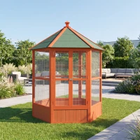 PawHut 69" Wooden Hexagonal Outdoor Aviary Flight Bird Cage With Covered Roof, Brown(m-7)