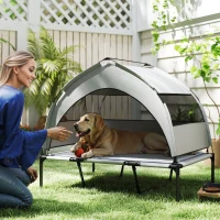 PawHut Elevated Dog Bed with Removable Canopy, Portable Outside Raised Pet Cot with Cooling Pad, Storage Bag, 42" x 30" x 37"(m-2)