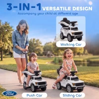 Qaba 3 In 1 Licensed Ford Kids Push Car with Push Handle, Horn, Sound, Secure Bar, Storage, for Toddlers 18-36 Months, White(m-4)