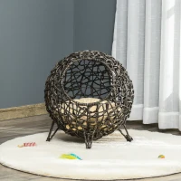 PawHut 20.5" Rattan Cat Bed, Kitten House, Elevated Round Condo for Comfort and Circulation with Cushion, Round Design(m-8)