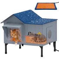 PawHut Heated Cat House Weatherproof with Heating Pad, Elevated Base, Safe Escape Door, for Stray, Barn Cats(m-11)