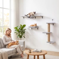 PawHut Cat Wall Shelves, 3-in-1 Wall-Mounted Cat Climber Set w/ Bed, Platforms, Hammock, Scratching Posts and Spring Ball(m-1)
