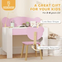 Qaba Kids Desk and Chair Set with Drawer for Drawing, Reading, Bear Theme Children Furniture for Bedroom, Daycare, Pink(m-7)