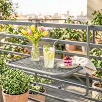 Outsunny Adjustable Balcony Hanging Railing Table, Metal Mounting Mini Wall Desk Storage Rack, Outdoor Flower Stand Serving Table Rectangle, Grey(m-8)