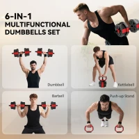 Soozier 6-in-1 Adjustable Dumbbell Set, Used as Kettlebell, Barbell, Dumbbell, Push-Up Stand, 44lbs Free Weights Set, Red(m-4)