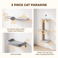 PawHut Cat Wall Shelves, 3-in-1 Wall-Mounted Cat Climber Set w/ Bed, Platforms, Hammock, Scratching Posts and Spring Ball(m-3)