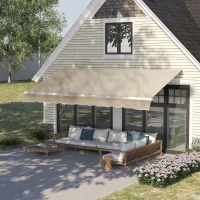 Outsunny 12' x 8' Retractable Awning Patio Awnings Sun Shade Shelter with Manual Crank Handle, 280g/m² UV & Water-Resistant Fabric and Aluminum Frame for Deck, Balcony, Yard, Cream White(m-21)