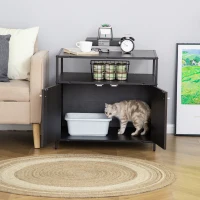 PawHut Wooden Cat Litter Box Enclosure, Hidden Kitten Washroom, Indoor End Table with Magnetic Doors & Storage Shelves, Black(m-2)