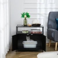 PawHut Wooden Cat Litter Box Enclosure, Hidden Kitten Washroom, Indoor End Table with Magnetic Doors & Storage Shelves, Black(m-10)
