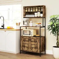 HOMCOM Baker's Rack with Power Outlet and Storage Shelves, Microwave Stand with Louvred Door Cabinets, Rustic Brown(m-2)