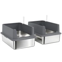 PawHut 2 Pack XL Stainless Steel Litter Box with Scoops, High Sided, for Big and Multiple Cats, Anti-Urine Leakage(m-2)