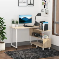 HOMCOM Mobile L-Shaped Rotating Computer Desk with Storage Shelves Moveable Rolling Writing Table Home Office Study Workstation for Home Office, Oak(m-2)