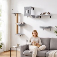 PawHut 3-In-1 Cat Wall Shelves with Condo, Bed, Hammock, Scratching Post and Spring Ball, Gray(m-10)