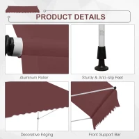 Outsunny 10x5ft Patio Sun Shade Canopy Manual Retractable Awning with 5.6-9.2ft Support Pole for Window, Door, Porch, Wine Red(m-5)