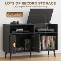 HOMCOM Record Player Stand with Power Outlets, Vinyl Record Holder with Storage Holds Up to 300 Albums, Black(m-4)