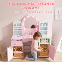 Qaba Kids Vanity Set, Toddler Dressing Table and Chair Set  with Lighted Bow Mirror, Cabinet, Drawer and Shelves, Pink(m-5)