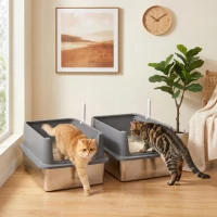 PawHut 2 Pack XL Stainless Steel Litter Box with Scoops, High Sided, for Big and Multiple Cats, Anti-Urine Leakage(m-8)