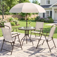 Outsunny 6 Piece Patio Dining Set for 4 with Umbrella, Outdoor Table and Chairs with 4 Folding Dining Chairs & Round Glass Table for Garden, Backyard and Poolside, Beige(m-10)