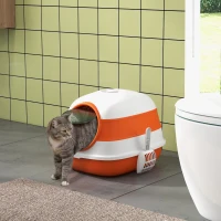 PawHut Dome Covered Cat Litter Box with Lid, White and Orange(m-10)