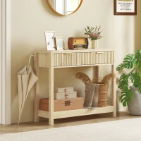 HOMCOM 35" Console Table with Storage, Narrow Entryway Table with Fluted Panel Drawers and Shelf for Hallway, Natural(m-10)