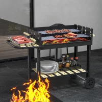 Outsunny Charcoal Grill,Barbecue Trolley with Double Adjustable Grill, Side Table, Storage Shelf and Wheels, Black(m-8)