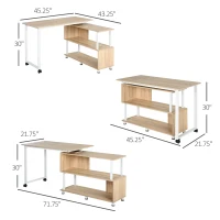 HOMCOM Mobile L-Shaped Rotating Computer Desk with Storage Shelves Moveable Rolling Writing Table Home Office Study Workstation for Home Office, Oak(m-3)